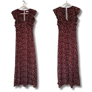 First Love Burgundy Floral Maxi Dress‎ Flutter Ruffle Sleeves Small Cottagecore